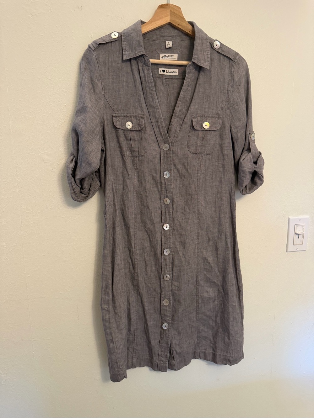 Linen Blend Gray Button-Front Midi Shirt Dress